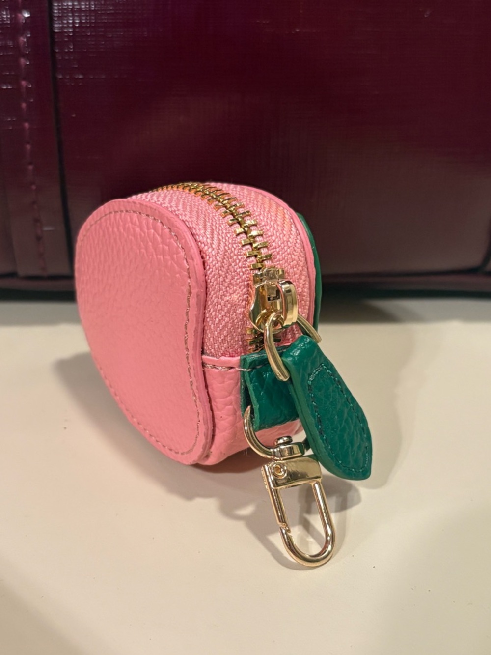 Pink Strawberry Coin Purse Keychain with Green Leaf Accent - Picture 2 of 3